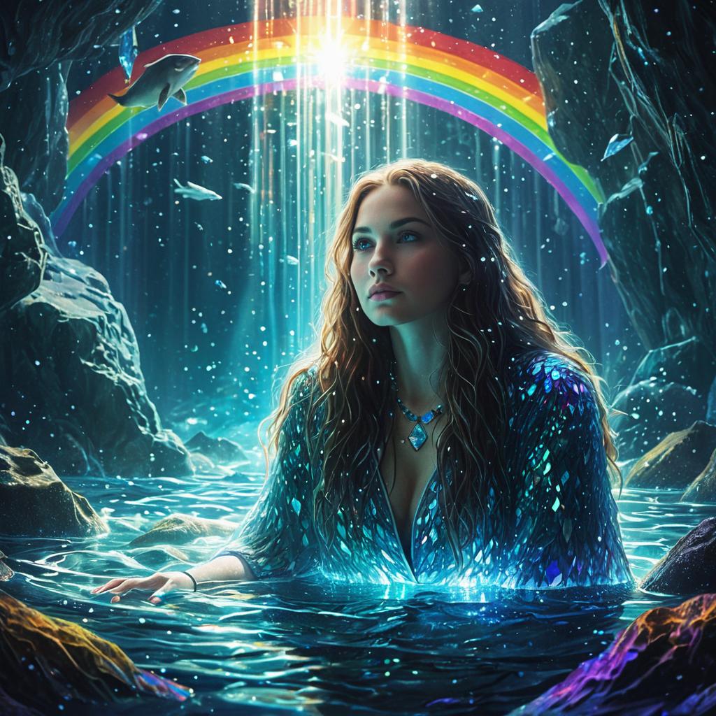 Hyper-Realistic Digital Art of Woman in Mystical Cave with Rainbow and Water
