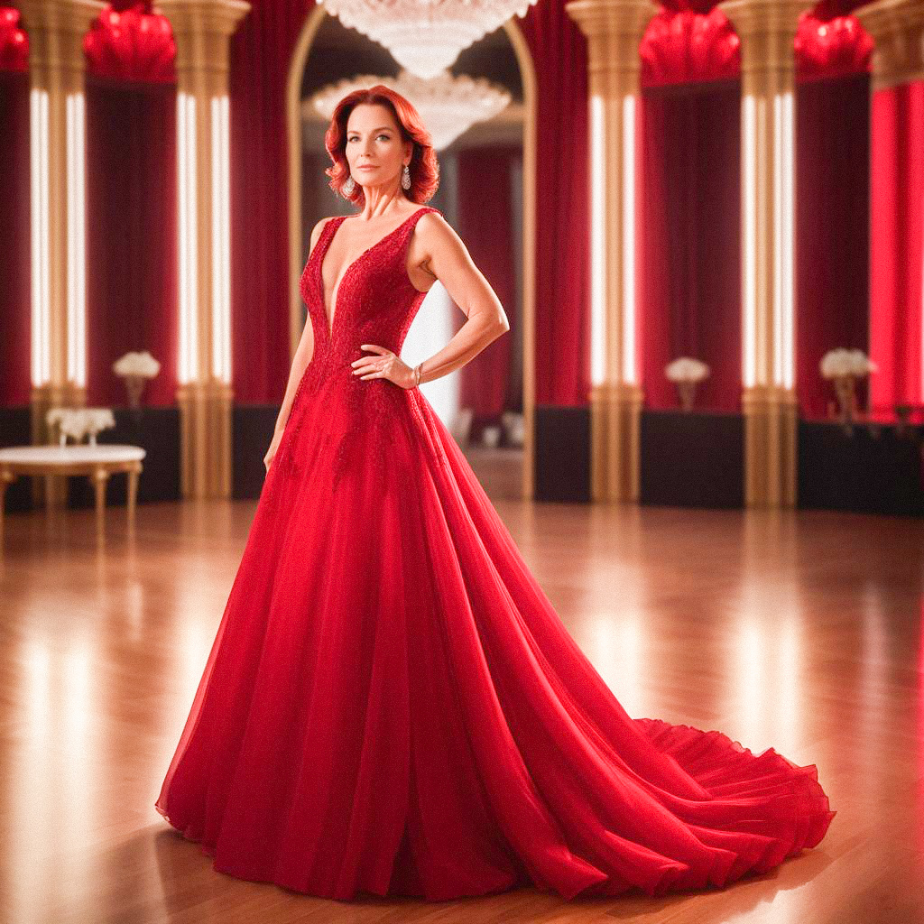 Elegant Woman in Red Gown at Ballroom