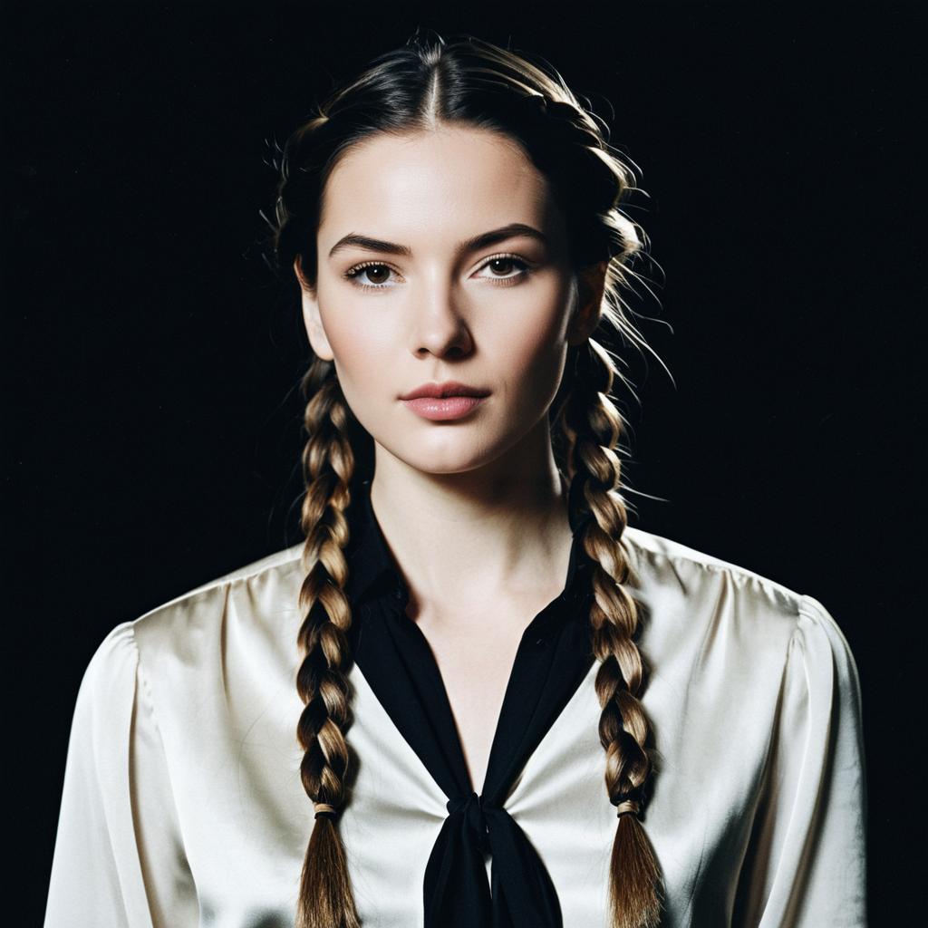 Portrait of Woman with Braided Hair in Satin Blouse on Black Background