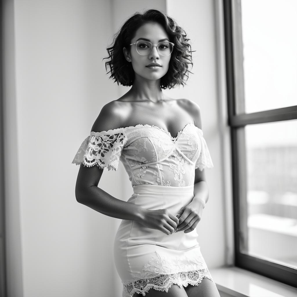 Stylish Woman in Lace Dress by Window