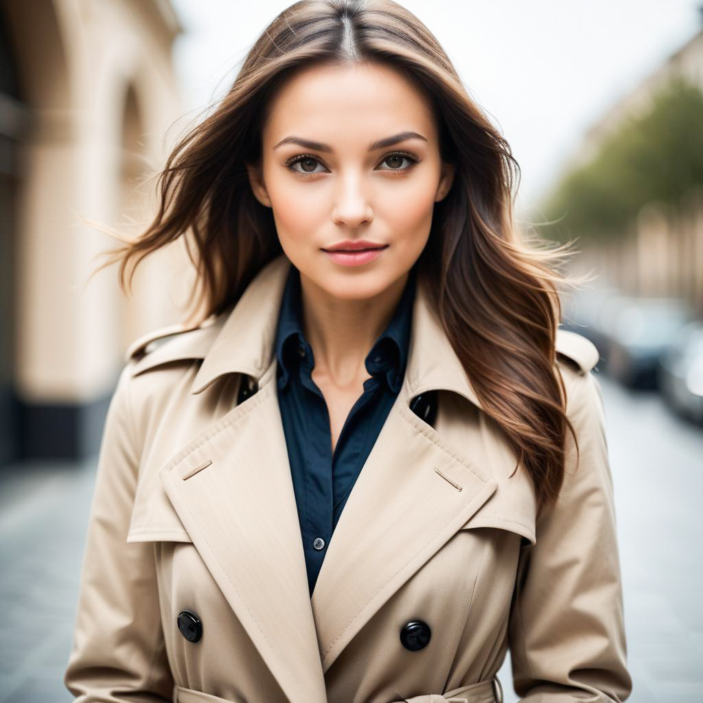 Confident Young Woman in Beige Trench Coat on City Street Confident Young Woman in Beige Trench Coat on City Street