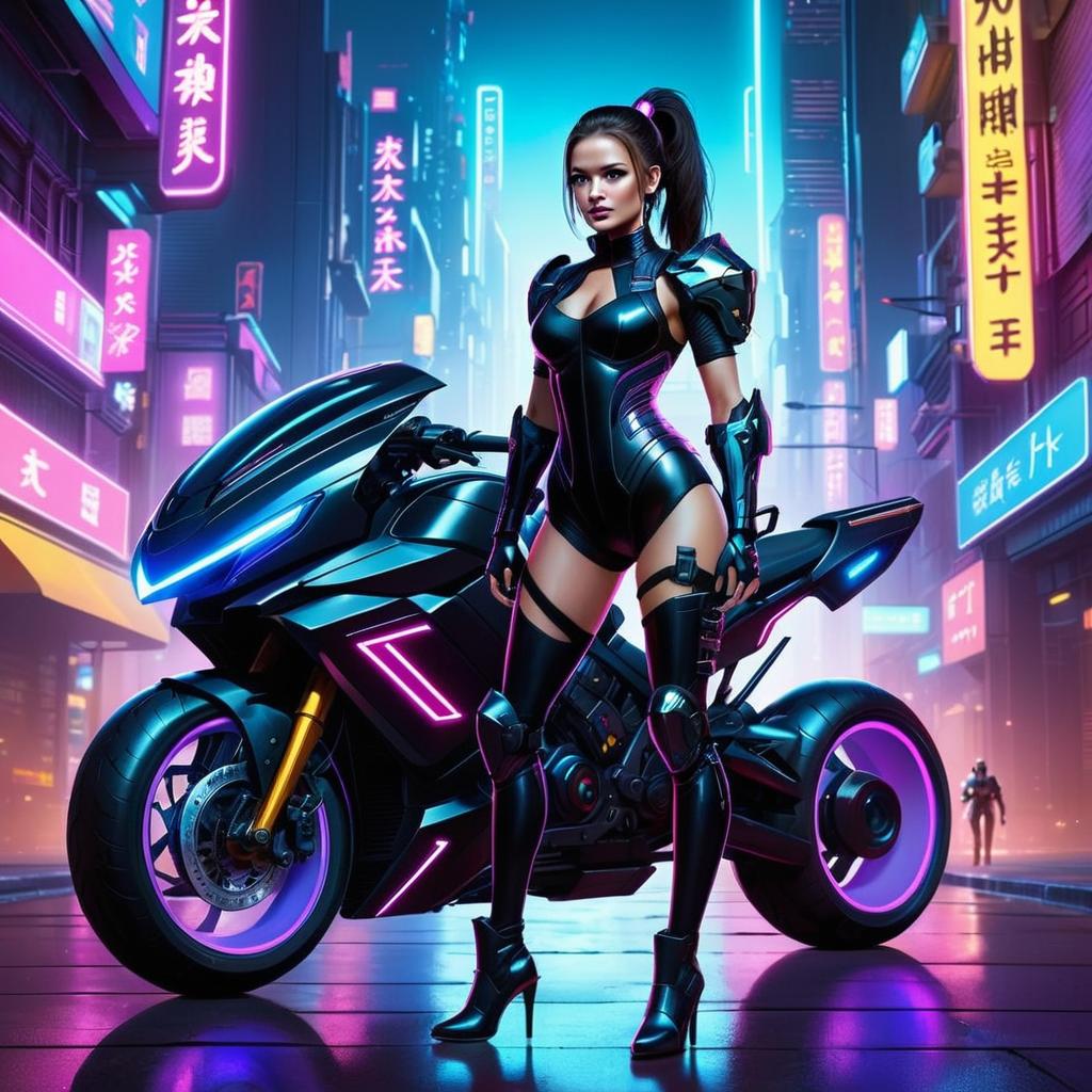 Futuristic Cyberpunk City with Confident Woman and Motorcycle