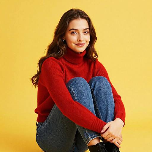 Young Woman in Red Turtleneck and Blue Jeans Sitting Against Yellow Background
