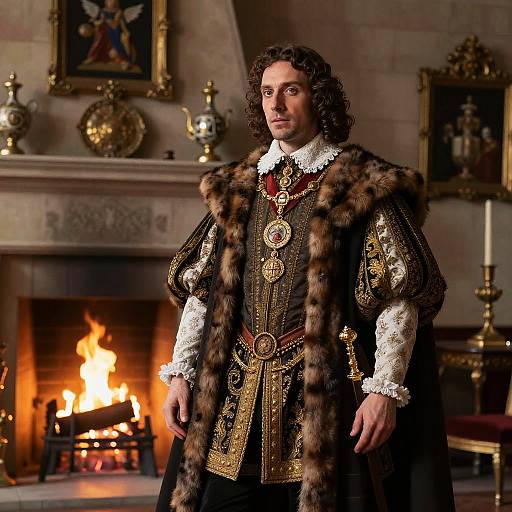 Renaissance Man in Luxurious Royal Attire by Fireplace