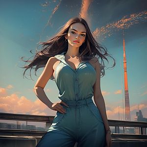 Confident Woman in Jumpsuit Against Cityscape at Sunset