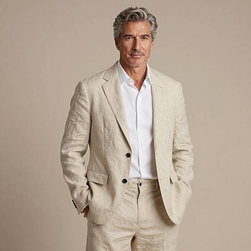 Mature Man in Light Beige Linen Suit and White Shirt