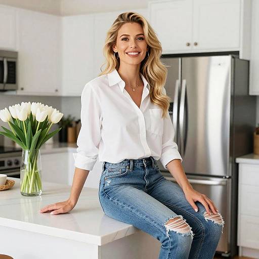 Young Stylish Woman in Ripped Jeans Sitting in Modern Kitchen