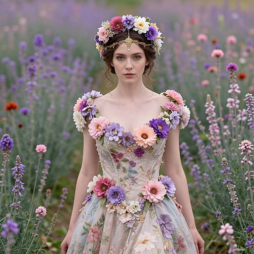 Woman in Floral Gown and Flower Crown in Lavender Field