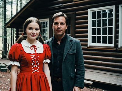 Hansel and Gretel Costume Woman in Red Dress Standing by Man Outside Cabin