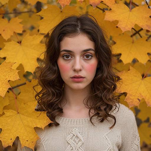 Young Woman in Cream Knit Sweater with Autumn Yellow Leaves Background