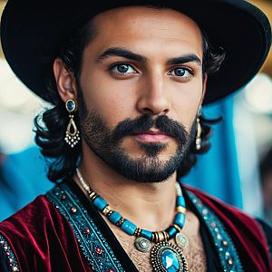 Elegant Bohemian Man with Blue Eyes and Velvet Garment