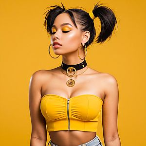 Stylish Young Woman in Yellow Top Against Yellow Background