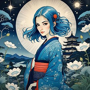 Woman in Kimono with Blue Hair Under Full Moon
