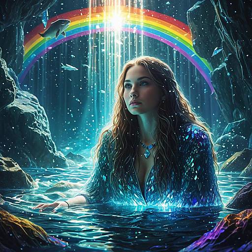 Hyper-Realistic Digital Art of Woman in Mystical Cave with Rainbow and Water