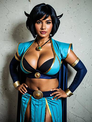 Fantasy Cosplay Woman in Blue and Gold Costume with Horns