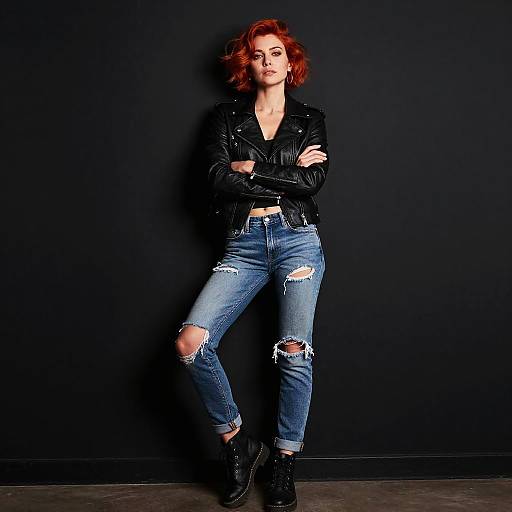 Confident Redhead Woman in Black Leather Jacket and Ripped Jeans Gen Z Style
