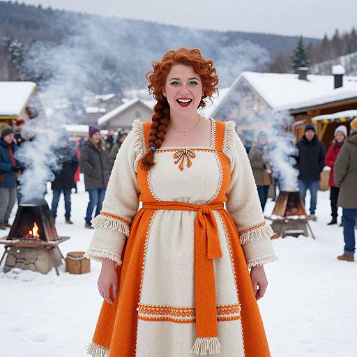 Redhead Woman in Traditional Folk Dress at Winter Festival Snowy Village