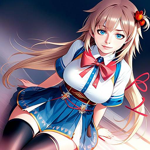 Anime Girl in Blue and White Costume with Red Bow – Akai Haato Inspired Illustration