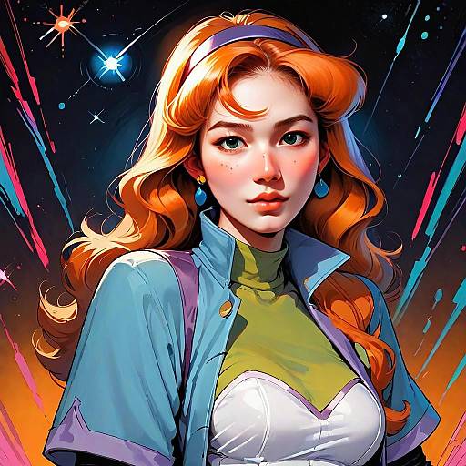 Red-Haired Woman in Stylish Jacket with Cosmic Background Digital Art