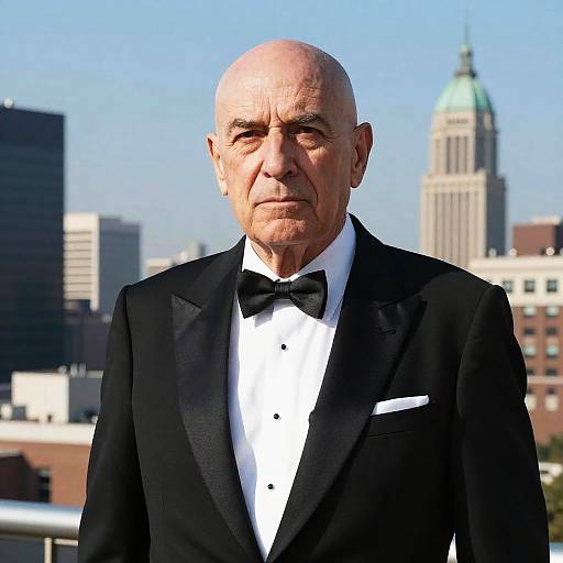 Distinguished Bald Man in Tuxedo on Urban Rooftop with Skyline