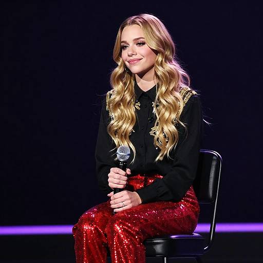 Young Woman in Red Sequin Pants Holding Microphone on Stage