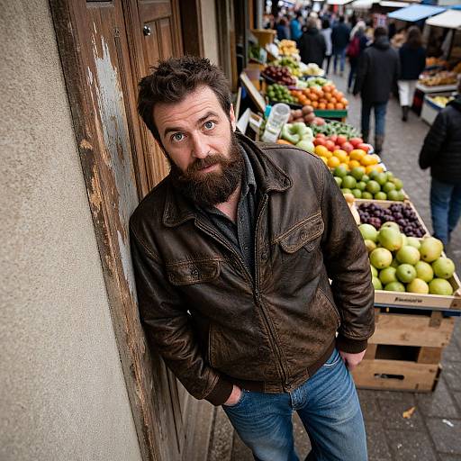 Bearded Man Leaning by Fruit Market Stall in Urban Street Scene
