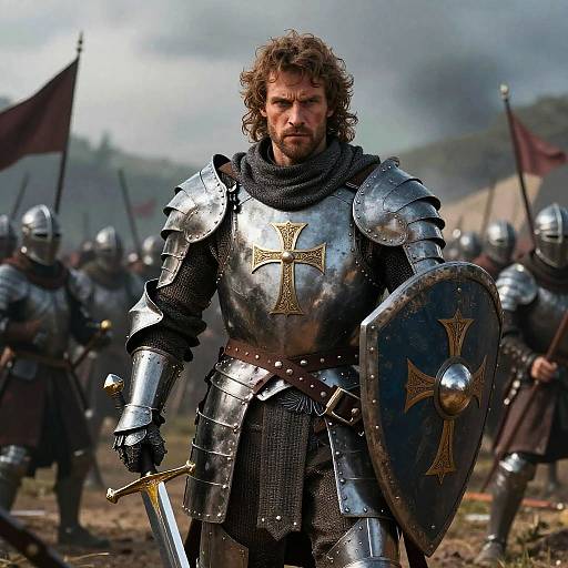 Medieval Knight in Armor with Sword and Shield on Battlefield