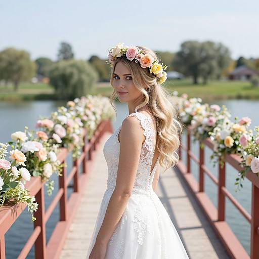 Bride in Lace Wedding Dress with Floral Crown on Bridge by Lake