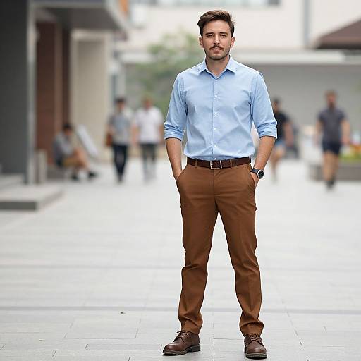Confident Young Man in Blue Shirt and Brown Trousers Standing Outdoors