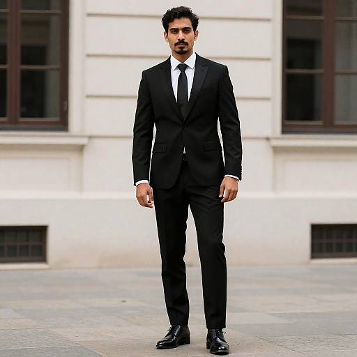 Man in Formal Black Suit and Tie Standing Outdoors