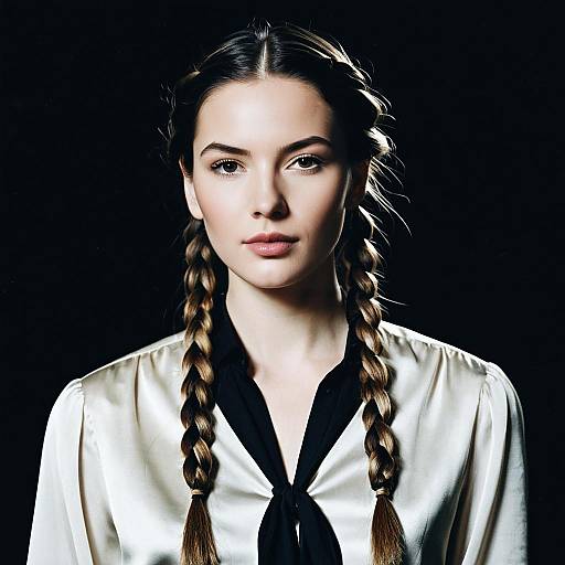 Portrait of Woman with Braided Hair in Satin Blouse on Black Background