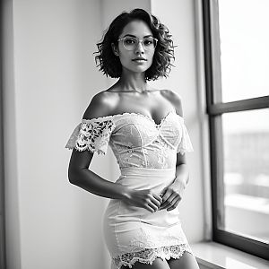 Stylish Woman in Lace Dress by Window