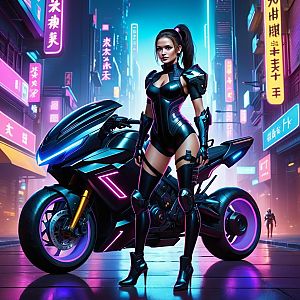 Futuristic Cyberpunk City with Confident Woman and Motorcycle