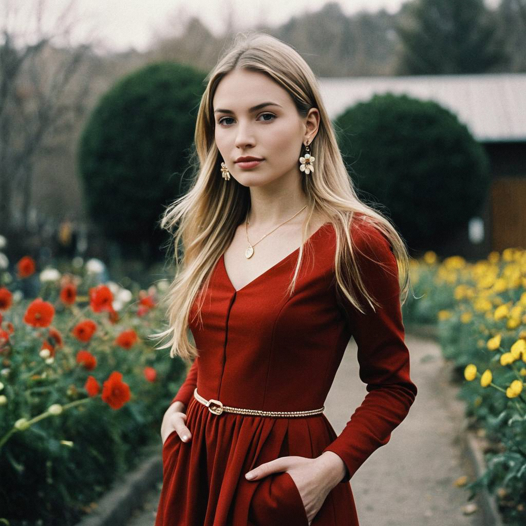 Confident Woman in Red Dress Among Vibrant Flowers