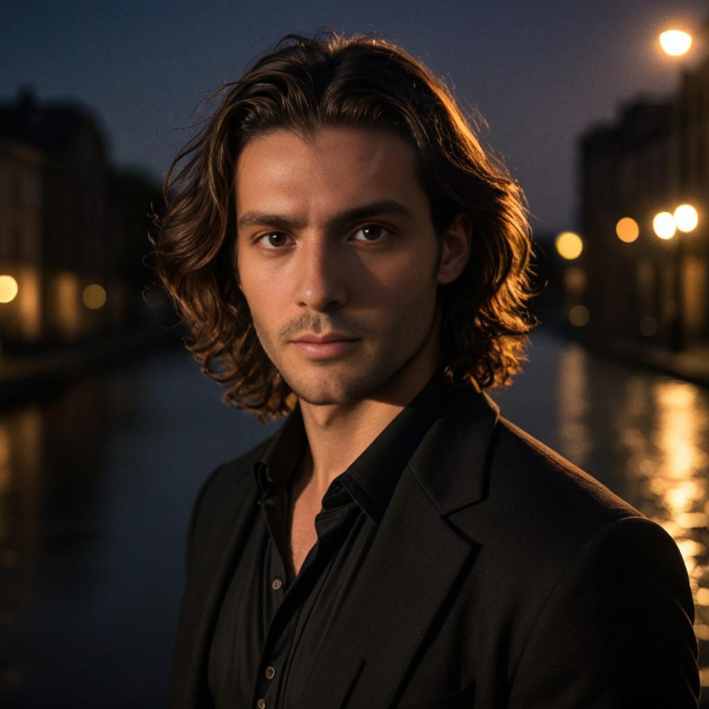 Confident Man with Wavy Hair at Sunset