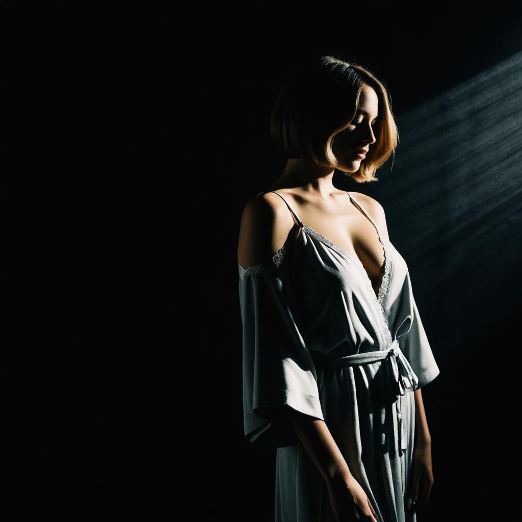 Elegant Woman in Silky Robe with Dramatic Side Lighting