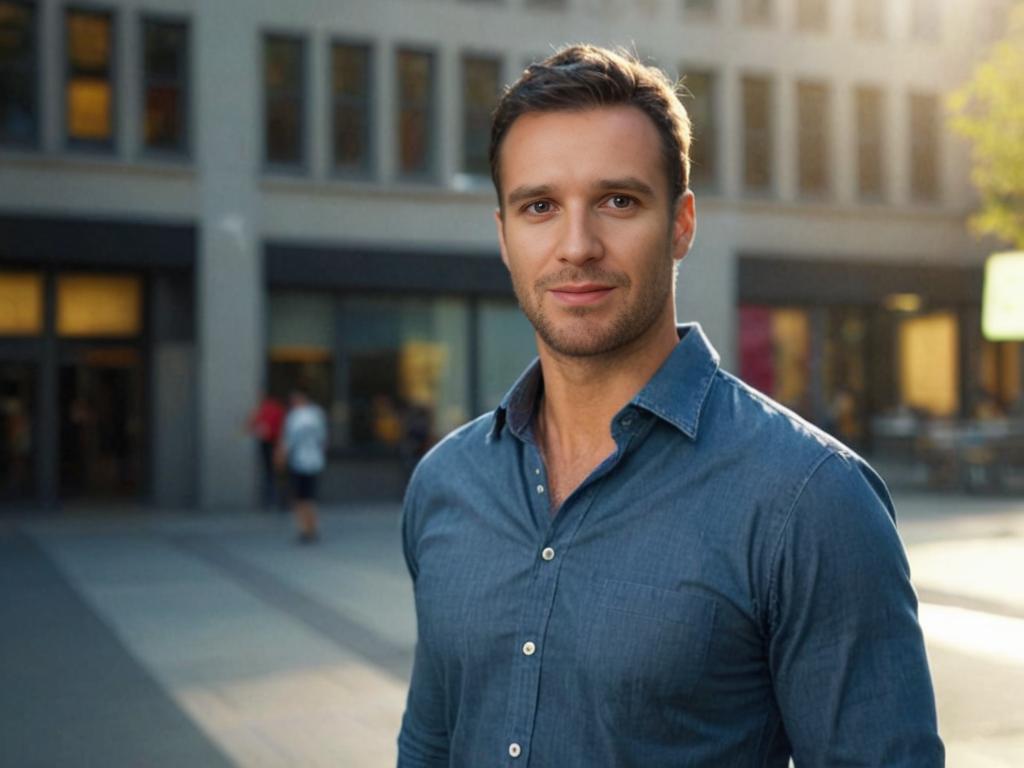 Confident Man in Blue Shirt in Urban Setting