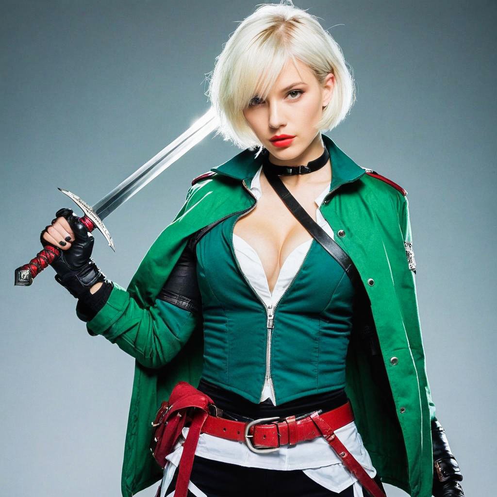 Confident Woman with Sword in Green Jacket Confident Woman with Sword in Green Jacket