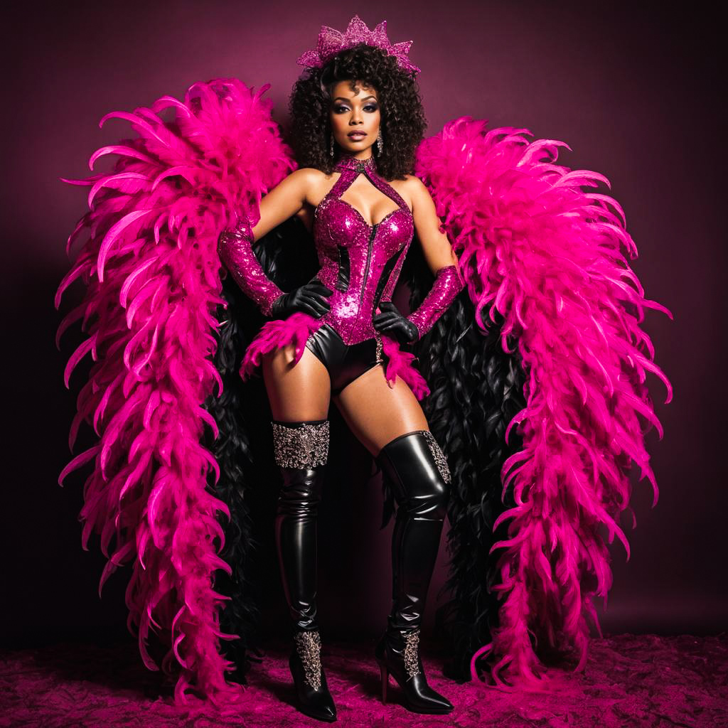 Woman in Glamorous Pink Feather Costume