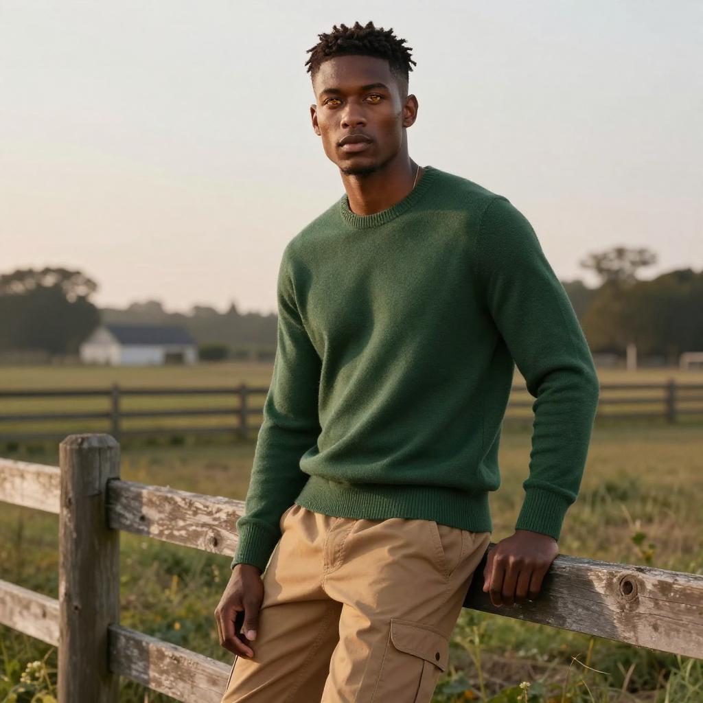 Gen Z Man in Green Sweater and Cargo Pants Leaning on Fence Outdoors