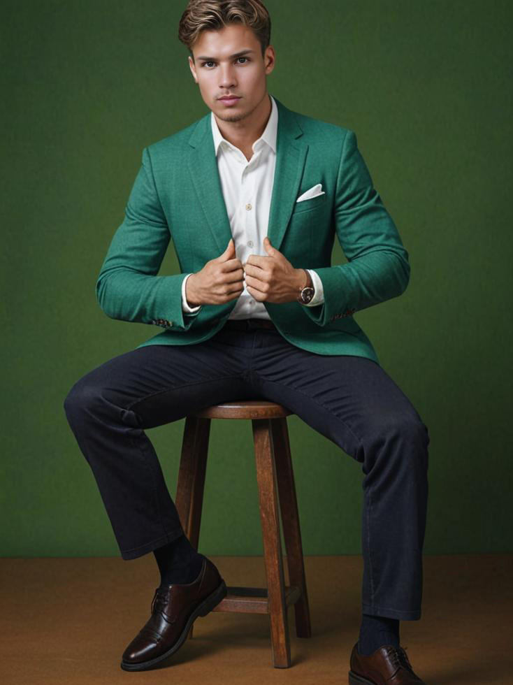 Man in green blazer on stool