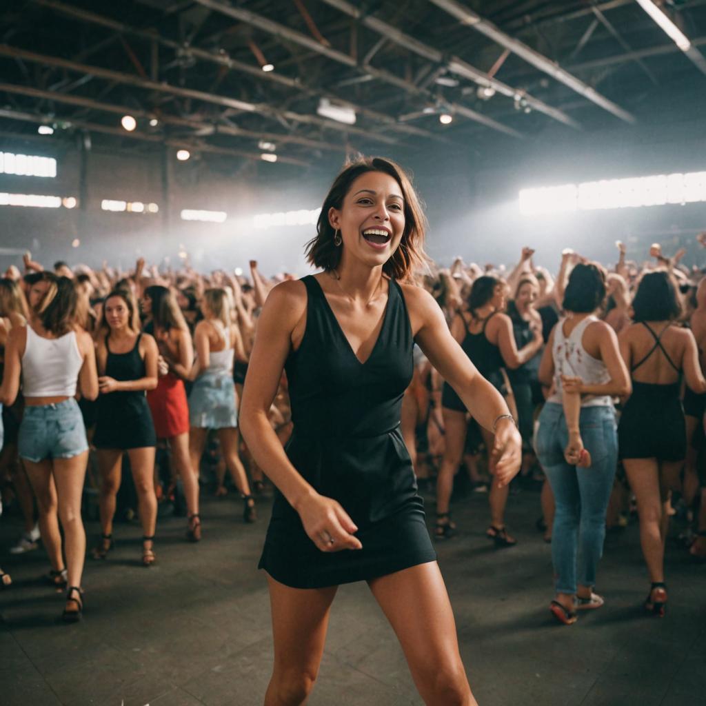 Radiant Woman Dancing in Chic Black Dress at Concert