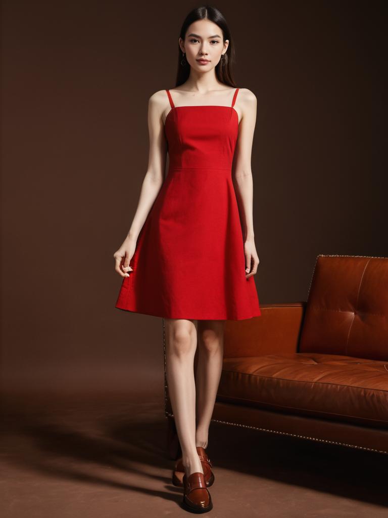 Elegant Woman in Red Dress with Brown Leather Shoes in Minimalist Setting