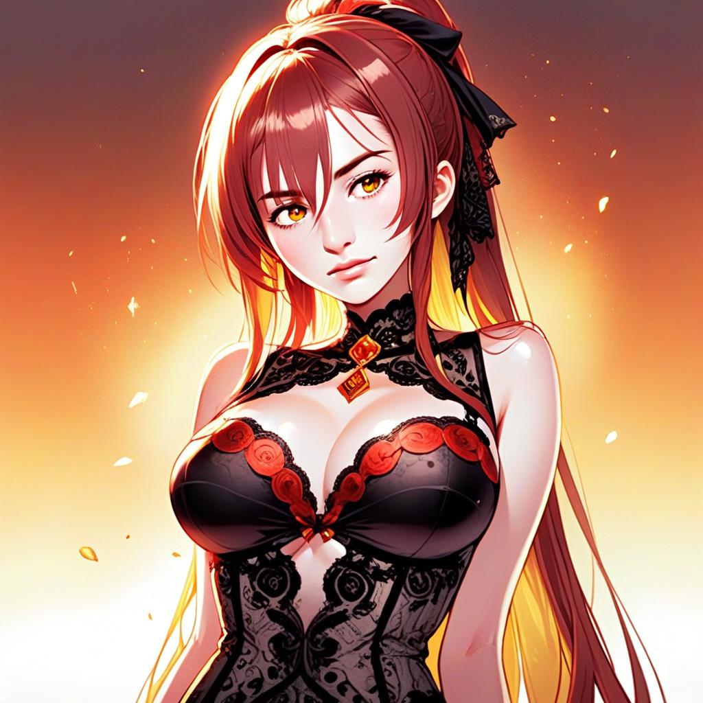 Anime Woman in Black and Red Lace Corset Illustration