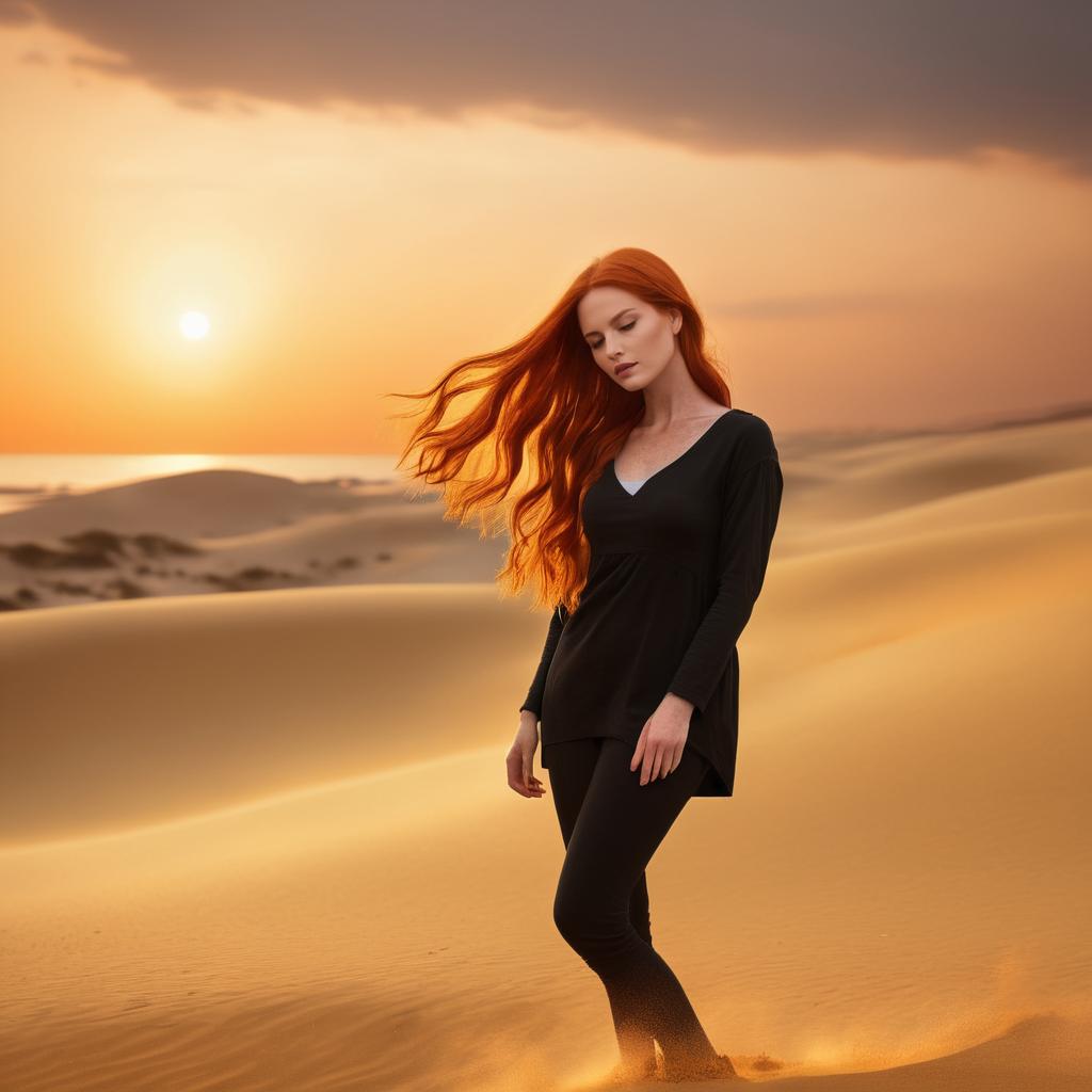 Red-Haired Woman Standing in Desert at Sunset with Flowing Hair