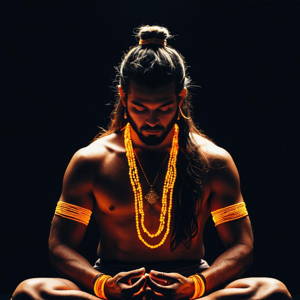 Meditative Man with Orange Bead Jewelry in Dark Background