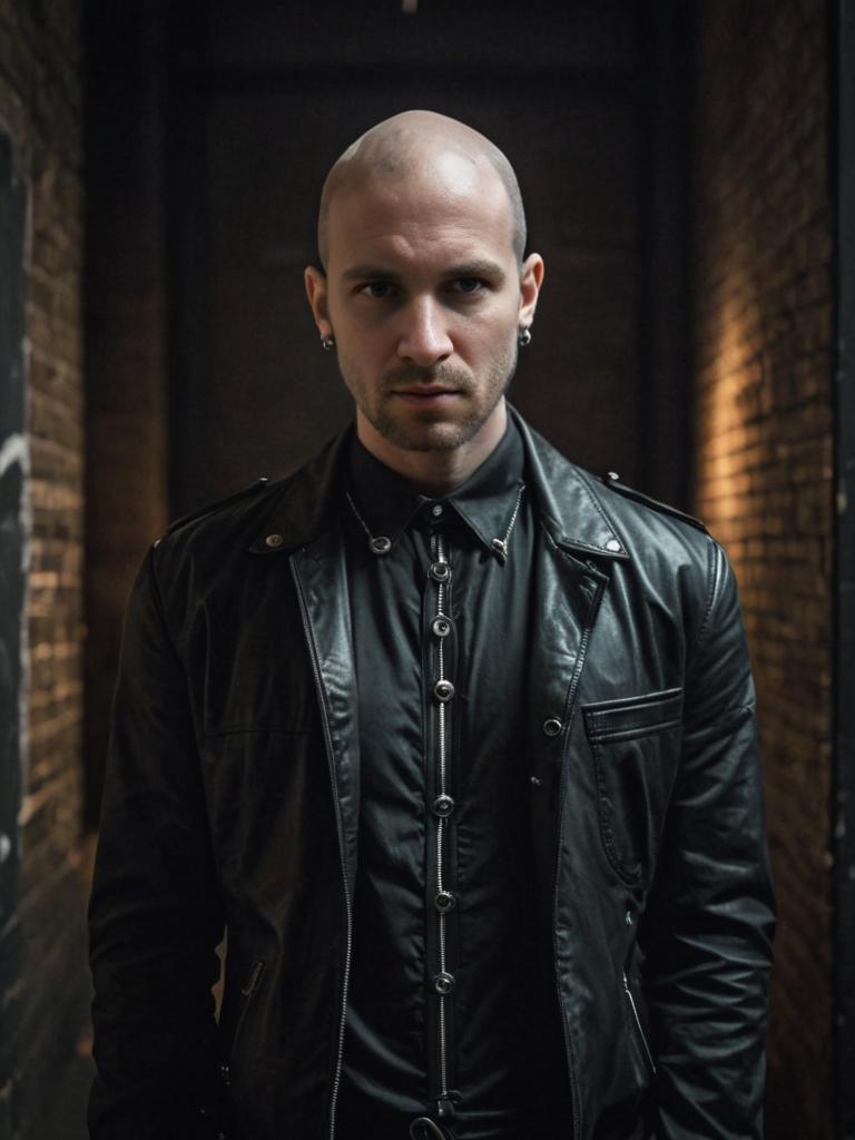 Bald Man in Leather Jacket in Dim Alley