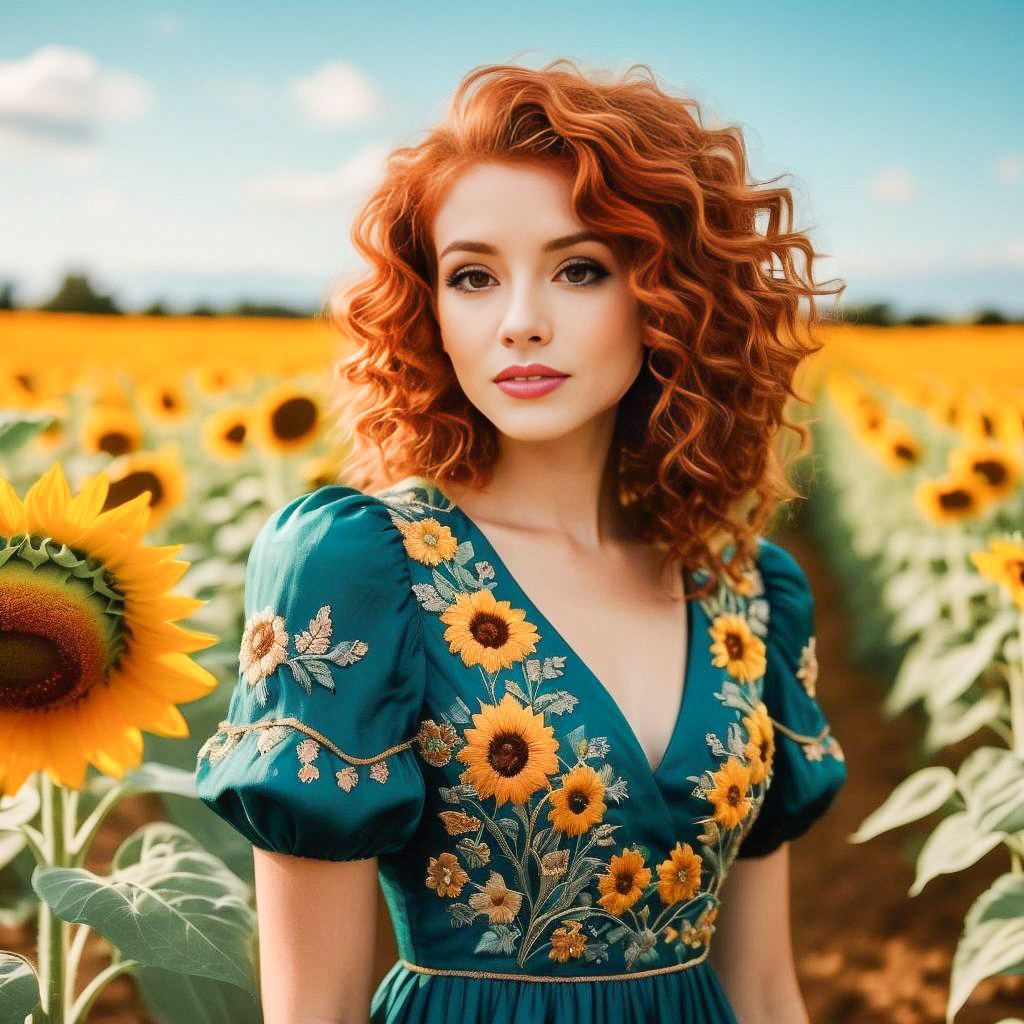 Woman in Embroidered Dress in Sunflower Field Woman in Embroidered Dress in Sunflower Field