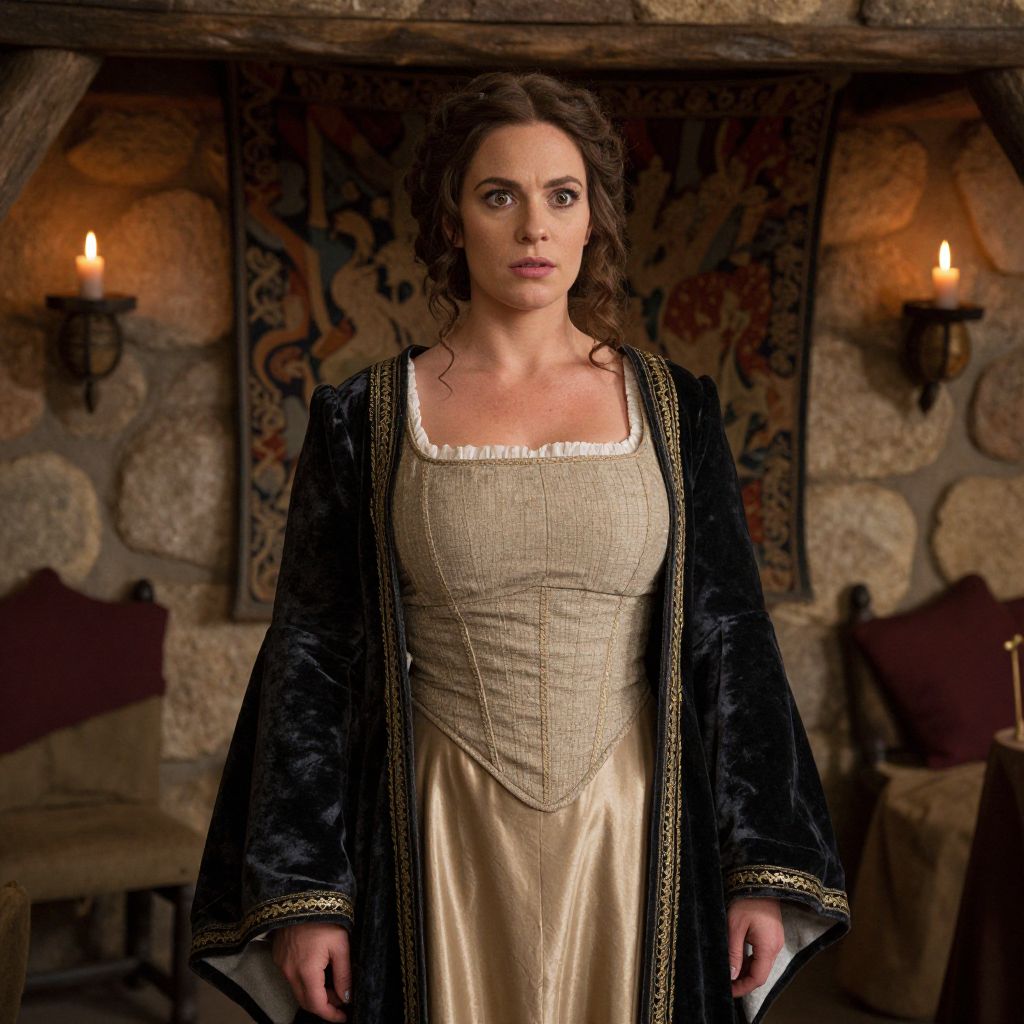 Renaissance Woman in Historical Costume Standing in Stone Room