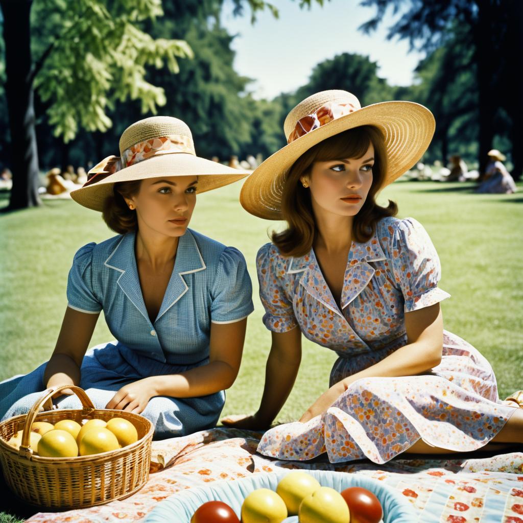 Stylish Women in Vintage Summer Dresses Picnic